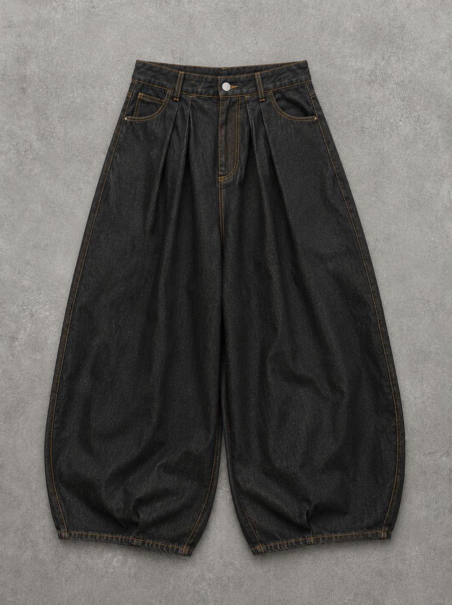 BLACK RAW DENIM "BARREL" PANTS